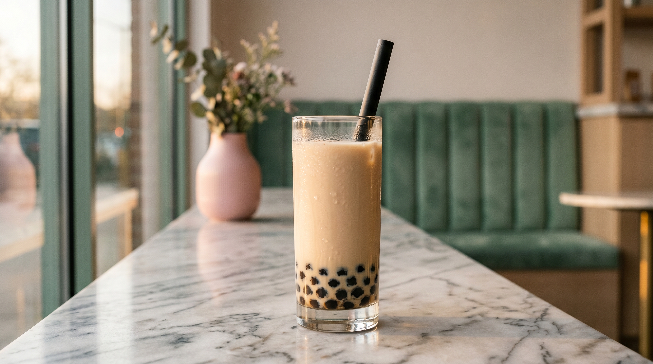Editorial product photo of a single tall clear glass cup of bubble tea with milky beige tea, dark chewy tapioca pearls visible at the bottom, a wide black straw, condensation beads on glass, set on a polished marble counter at golden hour.