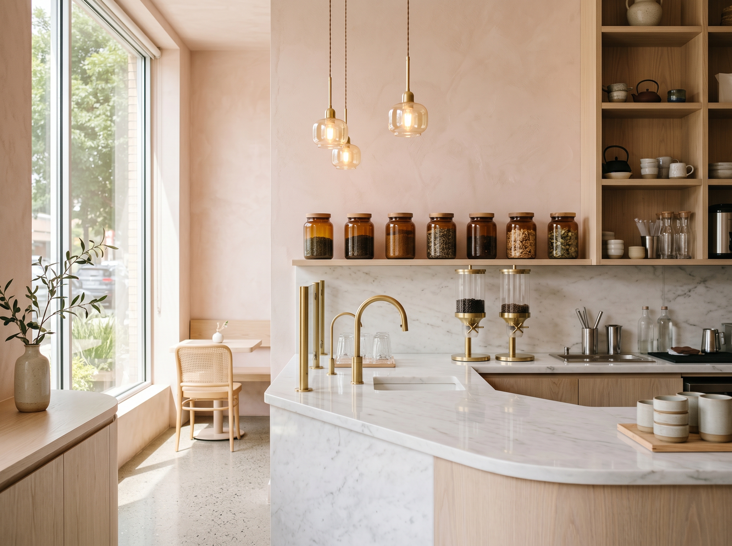 Modern minimalist boba tea shop interior at midday: polished marble counter with brass fixtures, neat row of glass tea jars, hanging warm pendant lights, blush pink wall and pale wood tones, sun streaming in from a large left window.