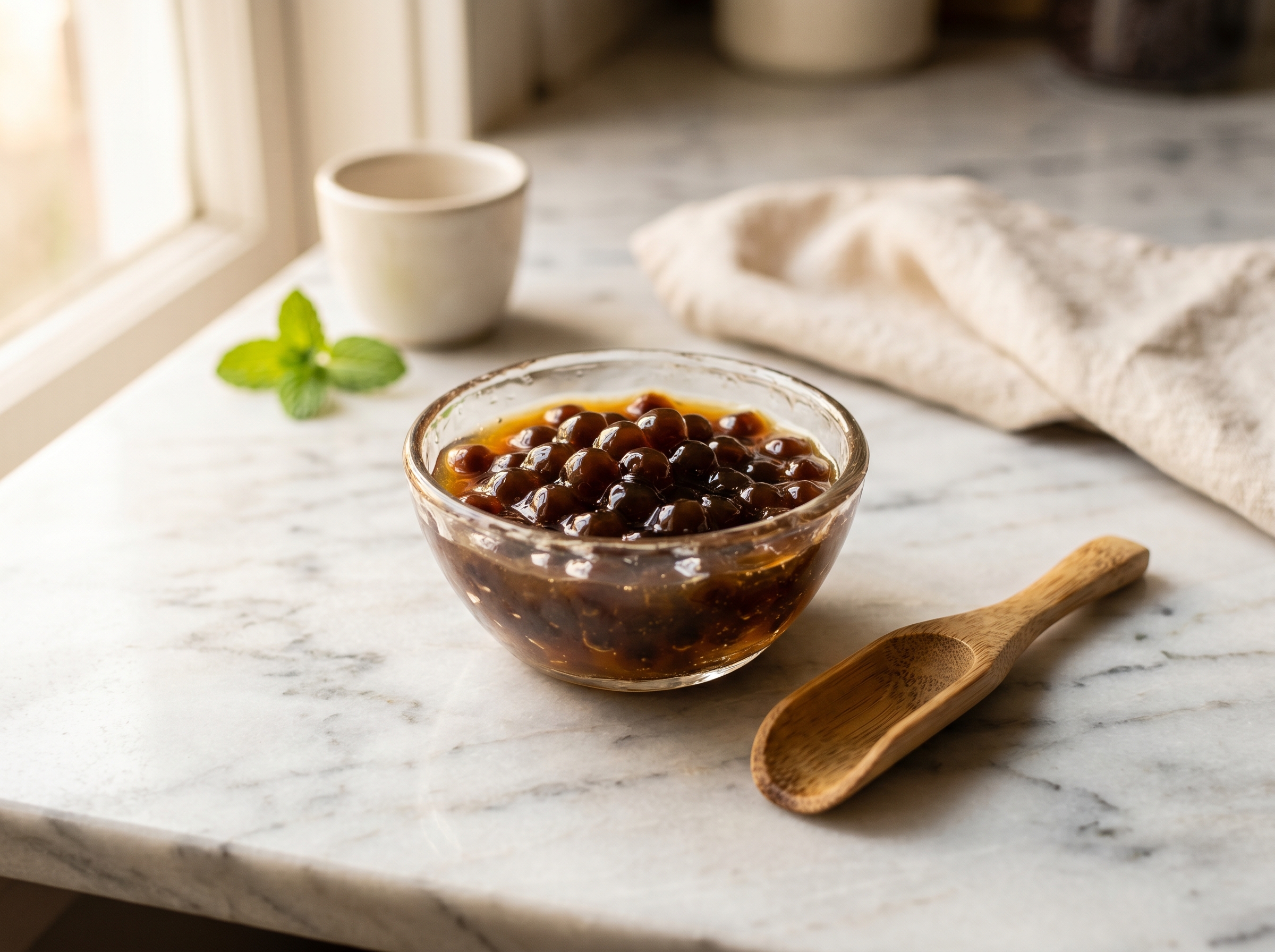 Close-up still life of a small glass bowl of cooked dark tapioca pearls glistening in honey-colored syrup beside a small wooden bamboo scoop on a polished marble counter, soft warm side lighting.